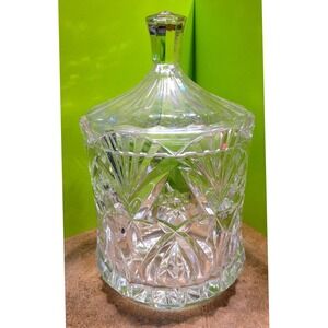 Vintage Cut Glass Biscuit Jar w/ Lid Starburst Fan Pattern Clear Candy Dish 10in